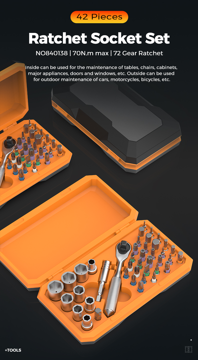 42 Pieces Ratchet Socket Set N0840138 | 70N.m max | 72 Gear Ratchet Inside can be used for the maintenance of tables, chairs, cabinets, major appliances, doors and windows, etc. Outside can be used for outdoor maintenance of cars, motorcycles, bicycles, etc.