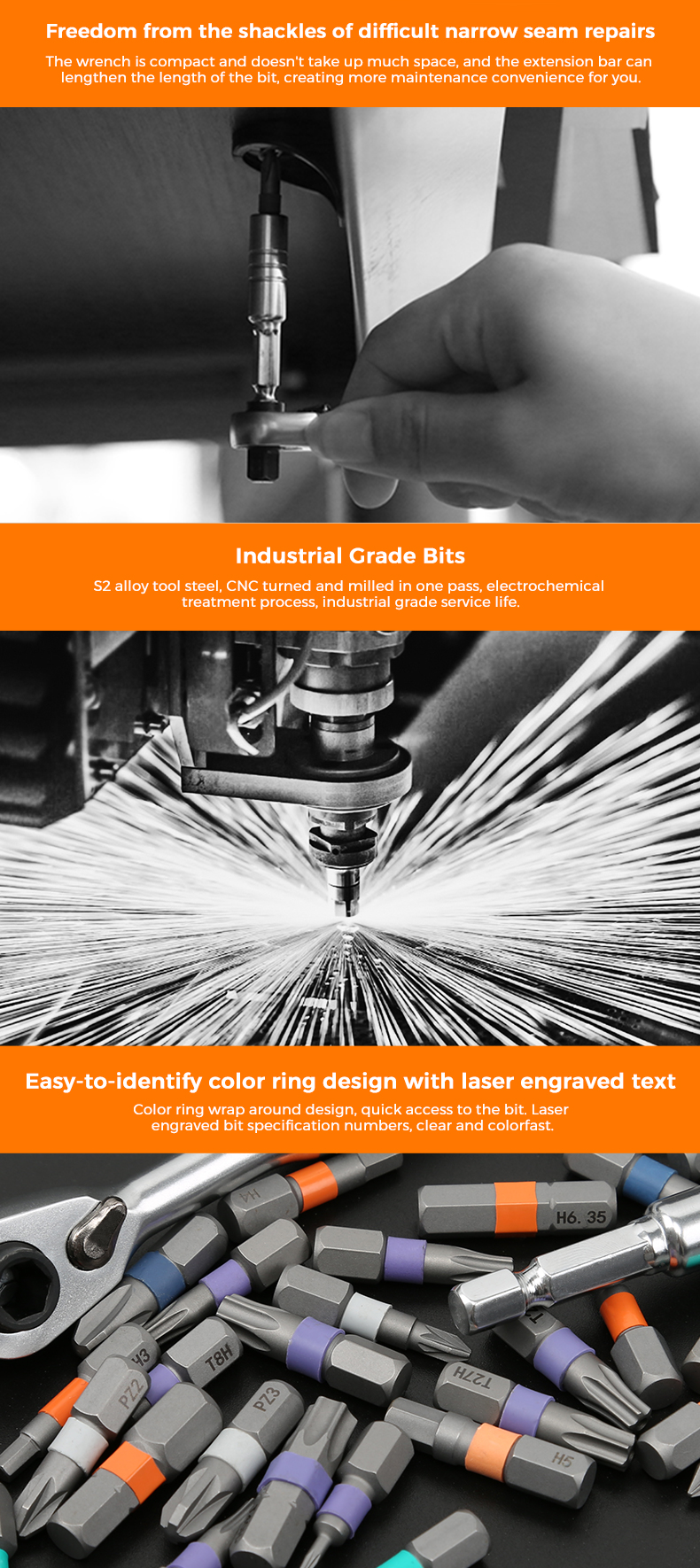 Freedom from the shackles of difficult narrow seam repairs The wrench is compact and doesn't take up much space, and the extension bar can lengthen the length of the bit, creating more maintenance convenience for you. Industrial Grade Bits S2 alloy tool steel, CNC turned and milled in one pass, electrochemical treatment process, industrial grade service life. Easy-to-identify color ring design with laser engraved text Color ring wrap around design, quick access to the bit. Laser engraved bit specification numbers, clear and colorfast.