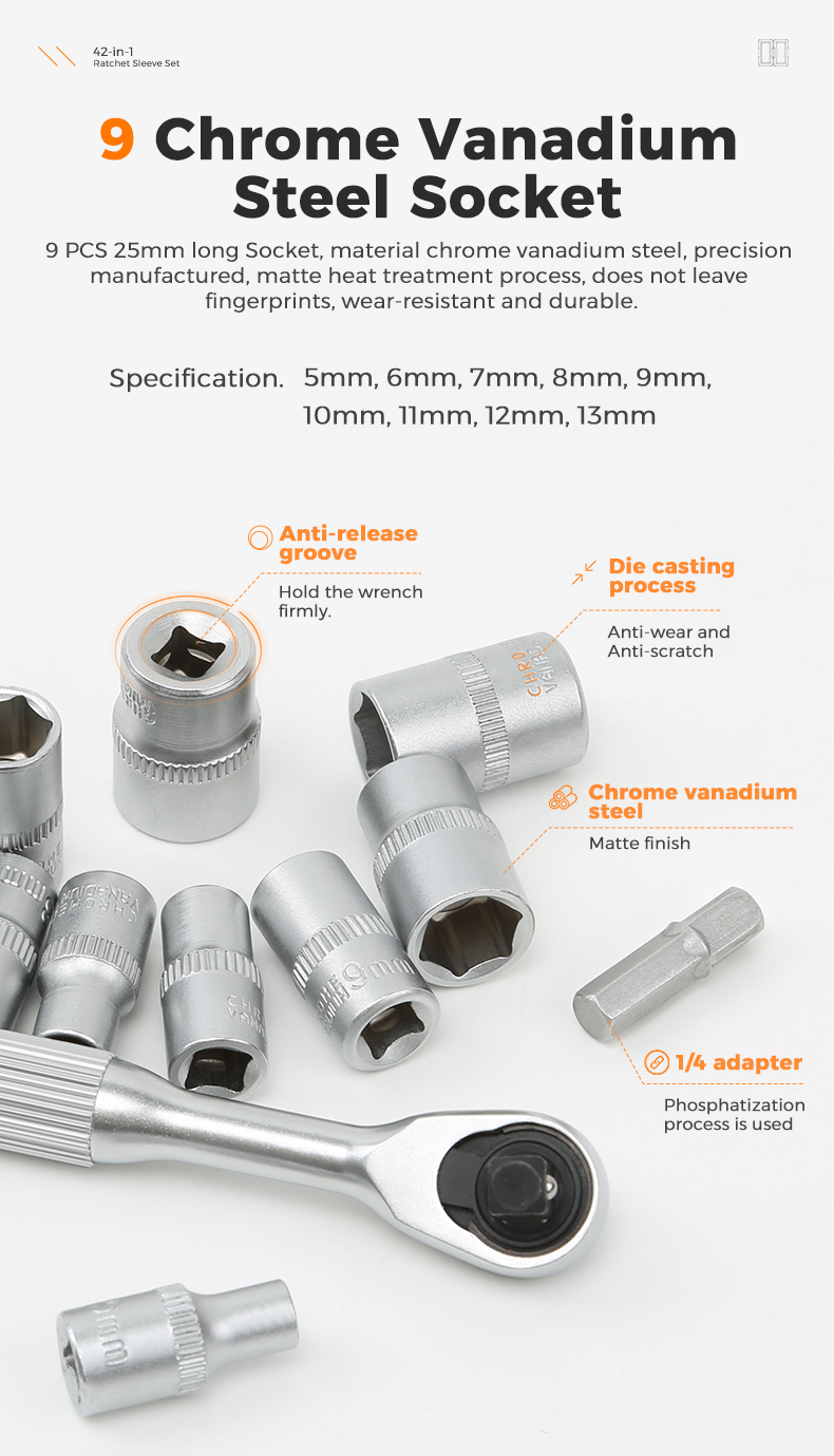 9 Chrome Vanadium Steel Socket 9 PCS 25mm long Socket, material chrome vanadium steel, precision manufactured, matte heat treatment process, does not leave fingerprints, wear-resistant and durable. Specification. 5mm, 6mm, 7mm, 8mm, 9mm, 10mm, 11mm, 12mm, 13mm Anti-release groove Hold the wrench firmly. < Die casting Process Anti-wear and Anti-scratch Chrome vanadium steel Matte finish 1/4 adapter Phosphatization process is used